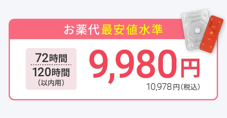 お薬代最安値基準：72時間/120時間以内用 9,980円 10,978円（税込）